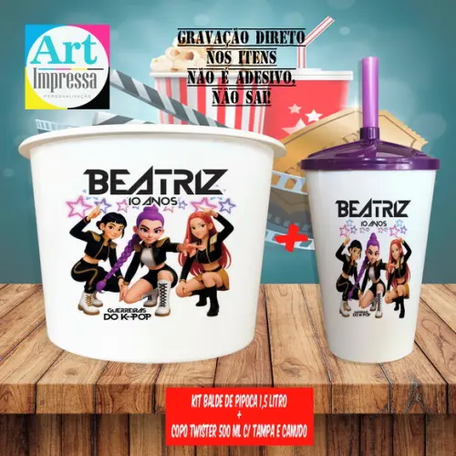 Kit Cinema Lembrancinha Guerreira do K-pop Balde 1,5L + Copo Twis