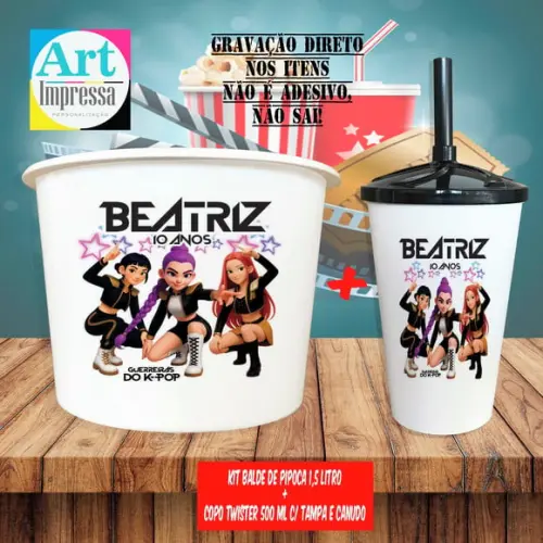 Kit Cinema Lembrancinha Guerreira do K-pop Balde 1,5L + Copo Twister 500ml