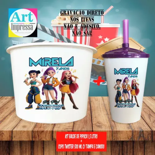 Kit Cinema Lembrancinha Guerreira do K-pop Balde 1,5L + Copo Twis