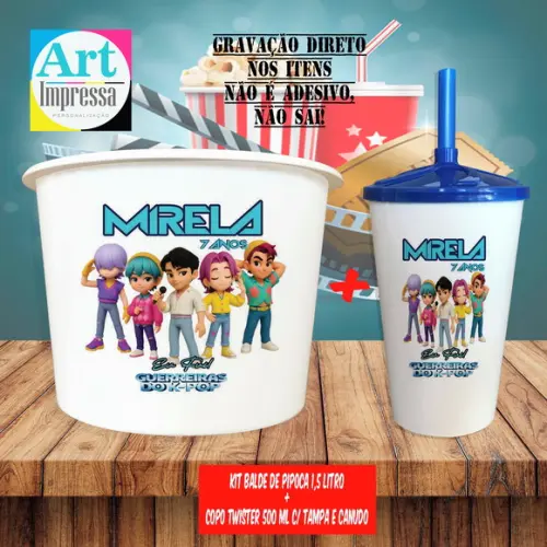 Kit Cinema Lembrancinha Guerreira do K-pop Balde 1,5L + Copo Twis