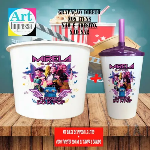 Kit Cinema Lembrancinha Guerreira do K-pop Balde 1,5L + Copo Twister 500ml