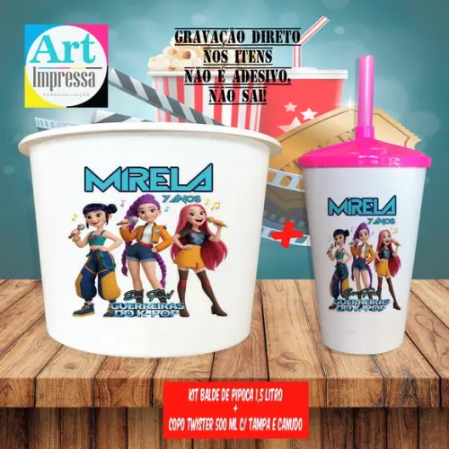 Kit Cinema Lembrancinha Guerreira do K-pop Balde 1,5L + Copo Twis