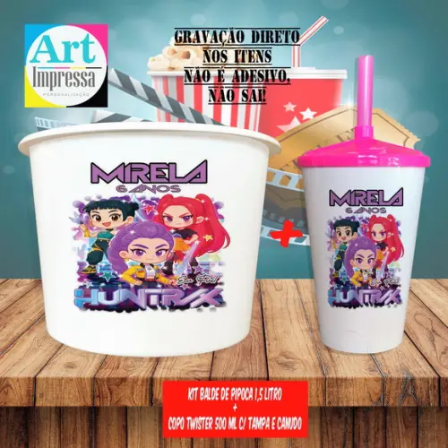 Kit Cinema Lembrancinha Balde + Copo Guerreiras do K-pop