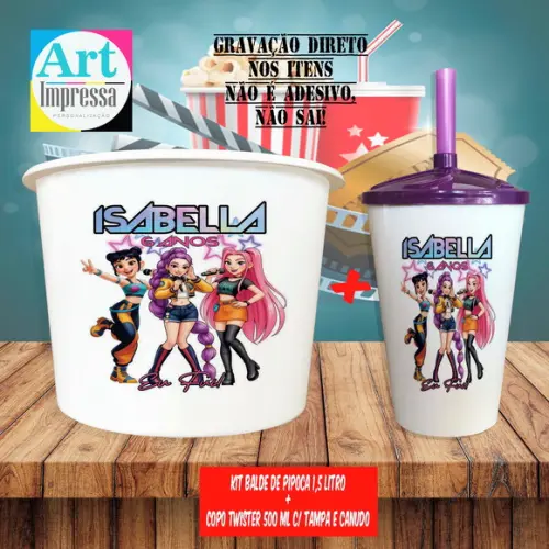 Kit Cinema Lembrancinha Guerreira do K-pop Balde 1,5L + Copo Twis
