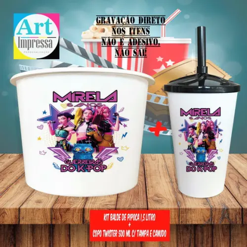 Kit Cinema Lembrancinha Guerreira do K-pop Balde 1,5L + Copo Twis