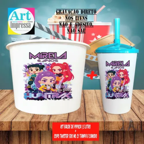 Kit Cinema Lembrancinha Balde + Copo Guerreiras do K-pop