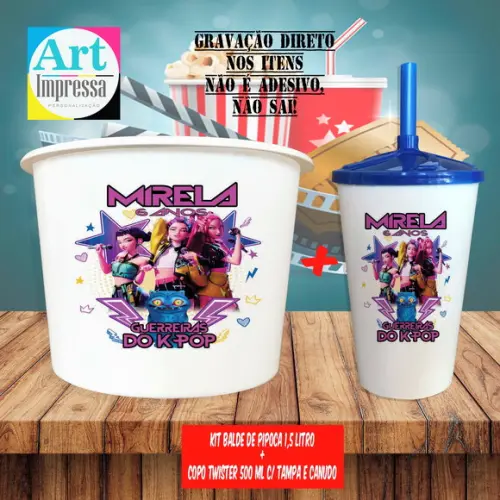 Kit Cinema Lembrancinha Guerreira do K-pop Balde 1,5L + Copo Twis