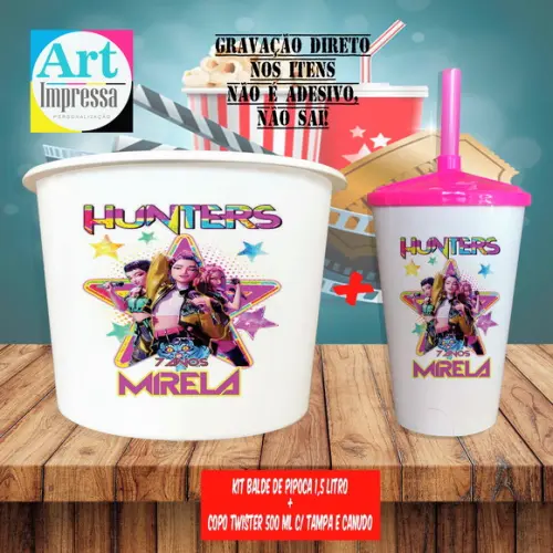 Kit Cinema Lembrancinha Guerreira do K-pop Balde 1,5L + Copo Twis