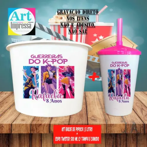 Kit Cinema Lembrancinha Guerreira do K-pop Balde 1,5L + Copo Twister 500ml