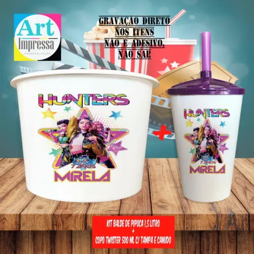 Kit Cinema Lembrancinha Guerreira do K-pop Balde 1,5L + Copo Twis