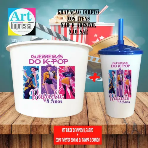 Kit Cinema Lembrancinha Guerreira do K-pop Balde 1,5L + Copo Twis