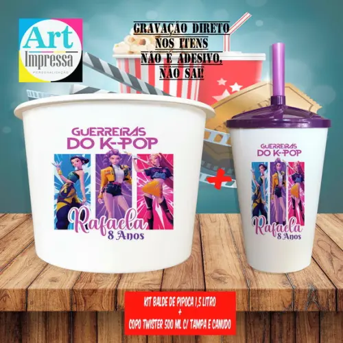 Kit Cinema Lembrancinha Guerreira do K-pop Balde 1,5L + Copo Twis
