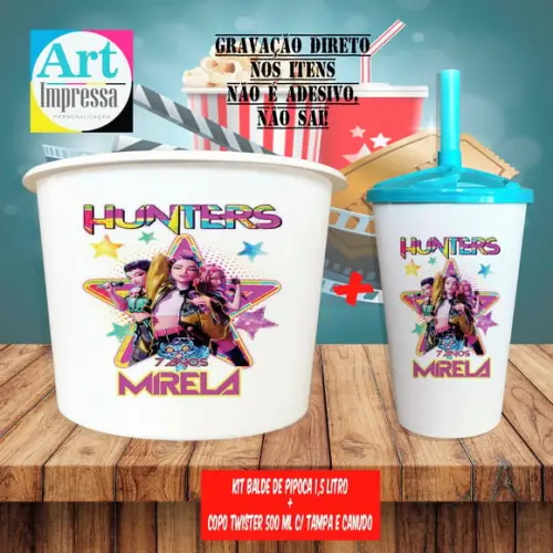 Kit Cinema Lembrancinha Guerreira do K-pop Balde 1,5L + Copo Twister 500ml