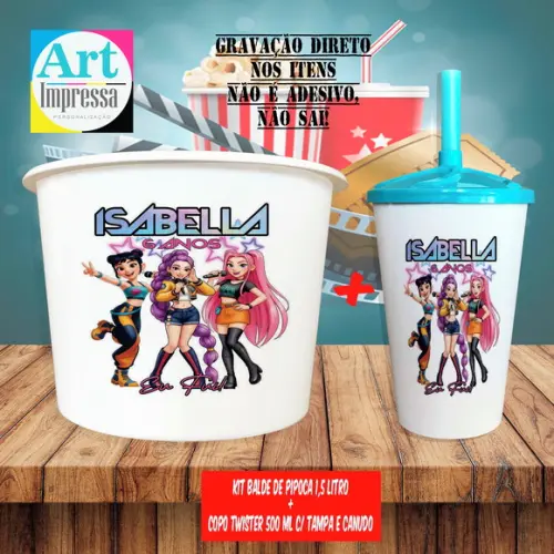 Kit Cinema Lembrancinha Guerreira do K-pop Balde 1,5L + Copo Twis