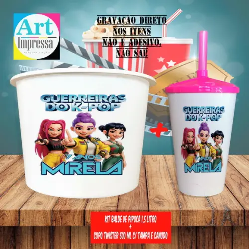 Kit Cinema Lembrancinha Guerreira do K-pop Balde 1,5L + Copo Twis
