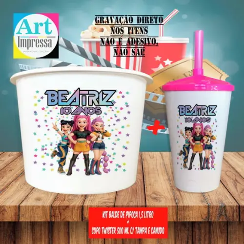 Kit Cinema Lembrancinha Guerreira do K-pop Balde 1,5L + Copo Twister 500ml