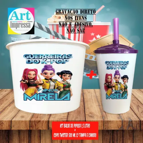 Kit Cinema Lembrancinha Guerreira do K-pop Balde 1,5L + Copo Twis