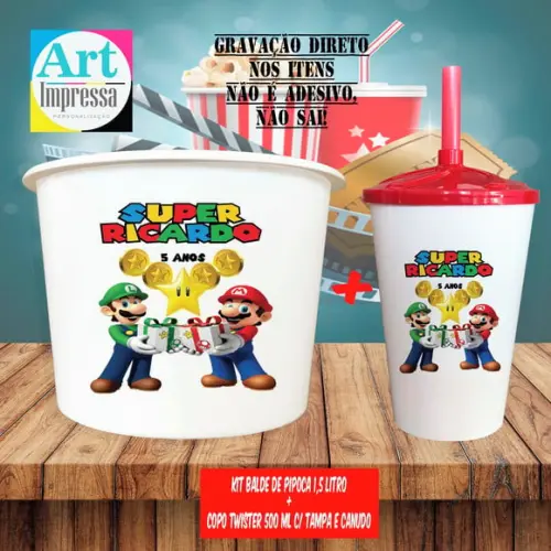 Kit Cinema Lembrancinha Super Mario Balde 1,5L + Copo Twister 500ml