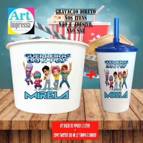 Kit Cinema Lembrancinha Guerreira do K-pop Balde 1,5L + Copo Twis