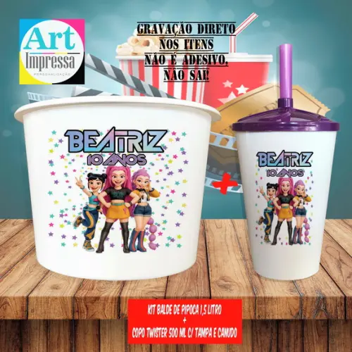 Kit Cinema Lembrancinha Guerreira do K-pop Balde 1,5L + Copo Twis
