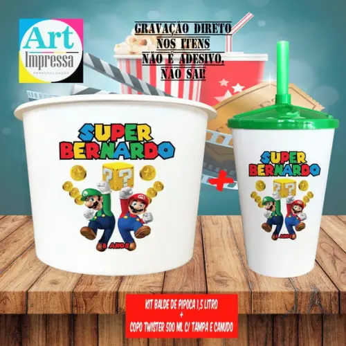 Kit Cinema Lembrancinha Super Mario Balde 1,5L + Copo Twister 500ml