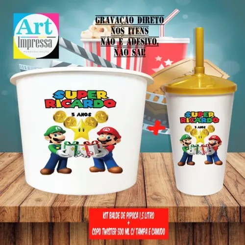 Kit Cinema Lembrancinha Super Mario Balde 1,5L + Copo Twister 500