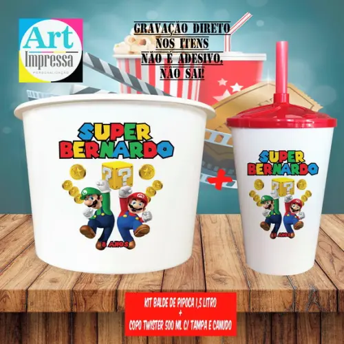 Kit Cinema Lembrancinha Super Mario Balde 1,5L + Copo Twister 500