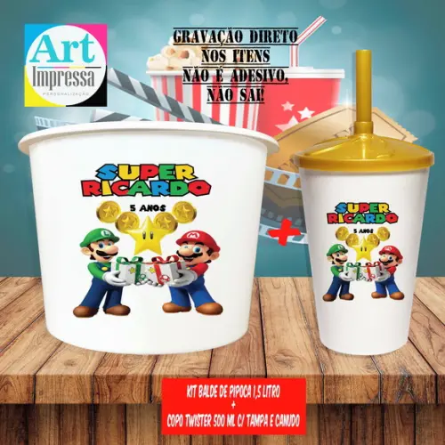 Kit Cinema Lembrancinha Super Mario Balde 1,5L + Copo Twister 500