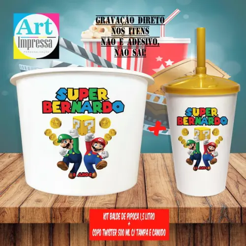 Kit Cinema Lembrancinha Super Mario Balde 1,5L + Copo Twister 500