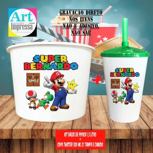 Kit Cinema Lembrancinha Super Mario Balde 1,5L + Copo Twister 500