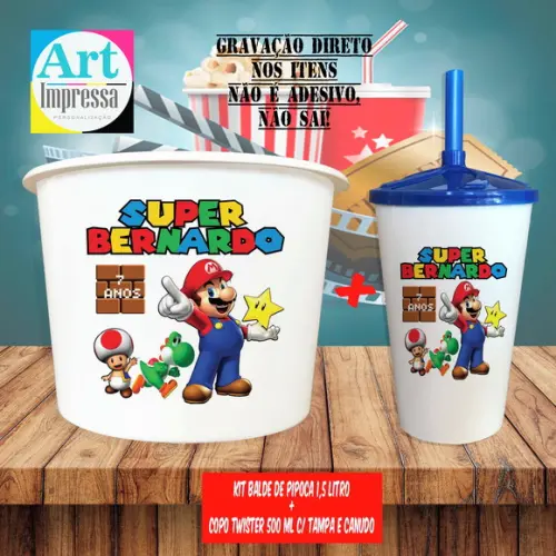 Kit Cinema Lembrancinha Super Mario Balde 1,5L + Copo Twister 500