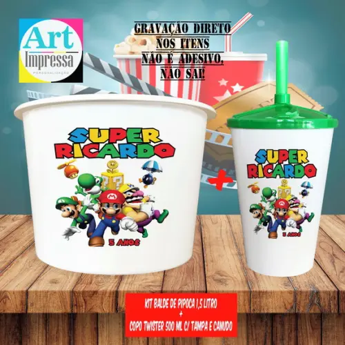 Kit Cinema Lembrancinha Super Mario Balde 1,5L + Copo Twister 500