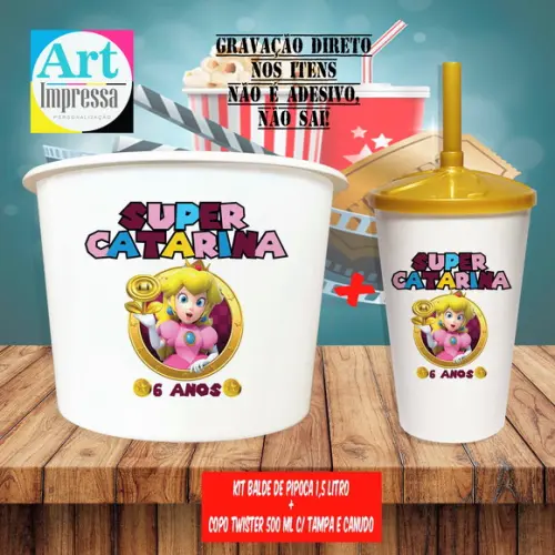 Kit Cinema Lembrancinha Super Mario Balde 1,5L + Copo Twister 500