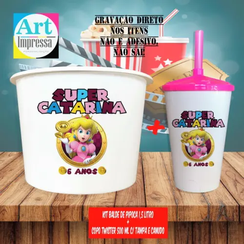 Kit Cinema Lembrancinha Super Mario Balde 1,5L + Copo Twister 500