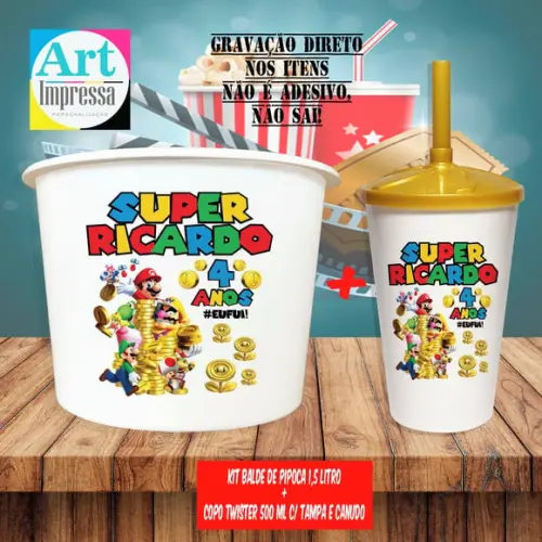 Kit Cinema Lembrancinha Super Mario Balde 1,5L + Copo Twister 500ml