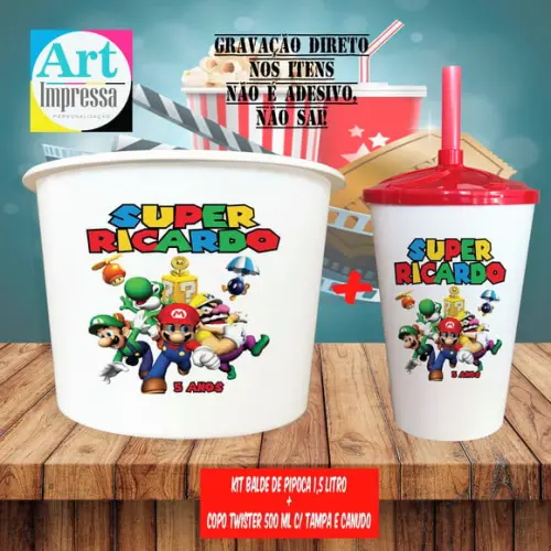 Kit Cinema Lembrancinha Super Mario Balde 1,5L + Copo Twister 500ml