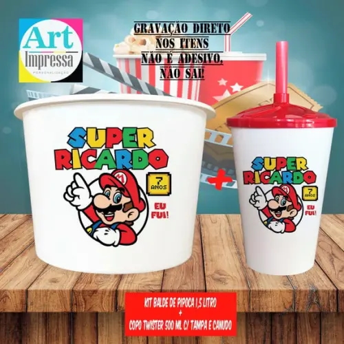Kit Cinema Lembrancinha Super Mario Balde 1,5L + Copo Twister 500ml