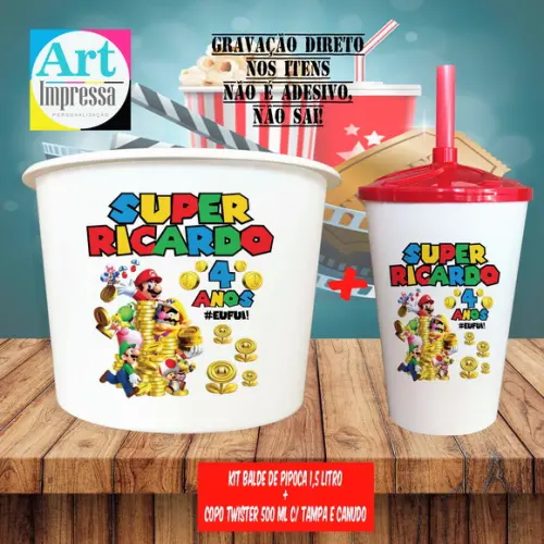 Kit Cinema Lembrancinha Super Mario Balde 1,5L + Copo Twister 500