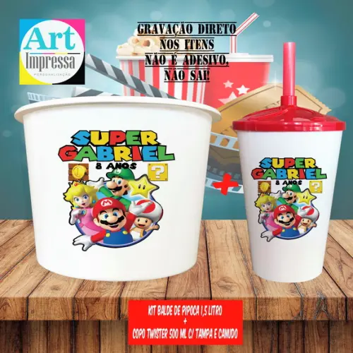 Kit Cinema Lembrancinha Super Mario Balde 1,5L + Copo Twister 500