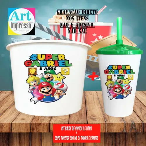 Kit Cinema Lembrancinha Super Mario Balde 1,5L + Copo Twister 500ml