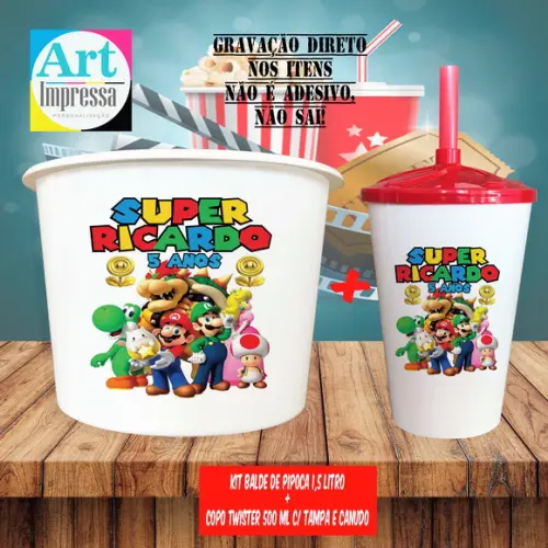 Kit Cinema Lembrancinha Super Mario Balde 1,5L + Copo Twister 500