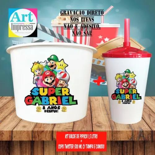 Kit Cinema Lembrancinha Super Mario Balde 1,5L + Copo Twister 500ml