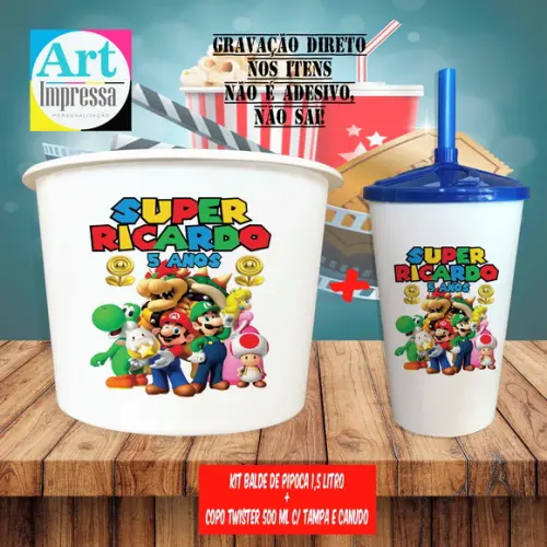 Kit Cinema Lembrancinha Super Mario Balde 1,5L + Copo Twister 500