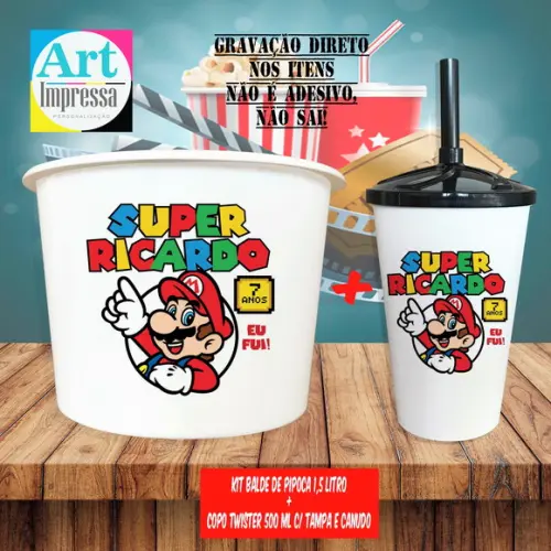 Kit Cinema Lembrancinha Super Mario Balde 1,5L + Copo Twister 500