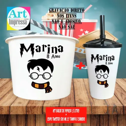 Kit Cinema Lembrancinha Harry Potter Balde de Pipoca 1,5L + Copo Twister 500ml Personalizado