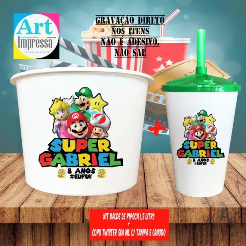 Kit Cinema Lembrancinha Super Mario Balde 1,5L + Copo Twister 500