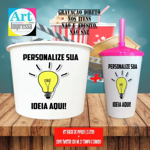 Kit Cinema Lembrancinha Personalizado Balde de Pipoca 1,5L + Copo