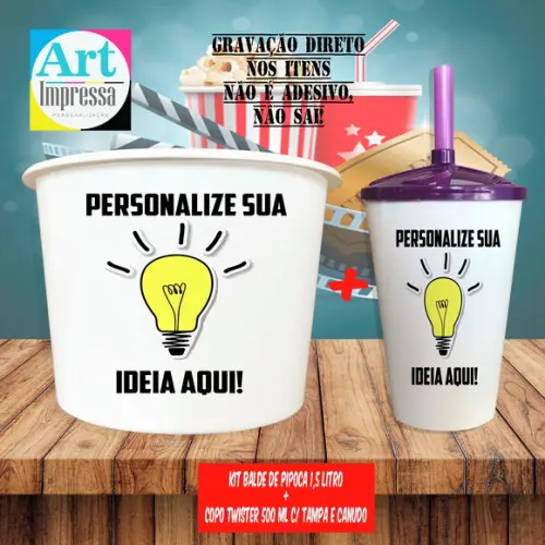 Kit Cinema Lembrancinha Personalizado Balde de Pipoca 1,5L + Copo
