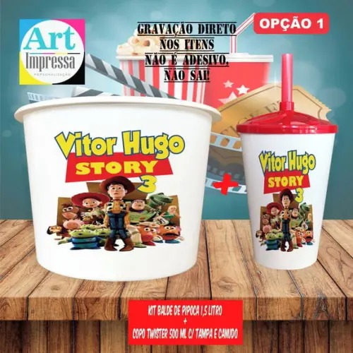 Kit Cinema Lembrancinha Toy Story Balde de Pipoca 1,5L + Copo Twister 500ml Personalizado