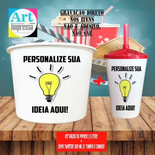 Kit Cinema Lembrancinha Personalizado Balde de Pipoca 1,5L + Copo Twister 500ml Tema à Escolha
